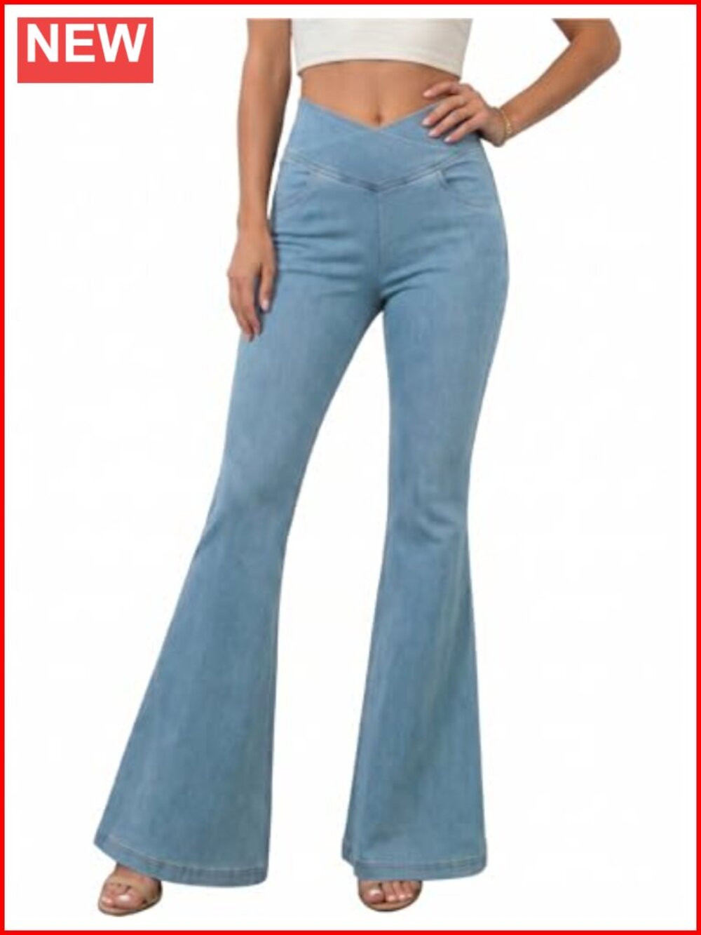 Women's Flare Jeans High Waist Cross Elastic Bootcut Denim Pants with Pockets
